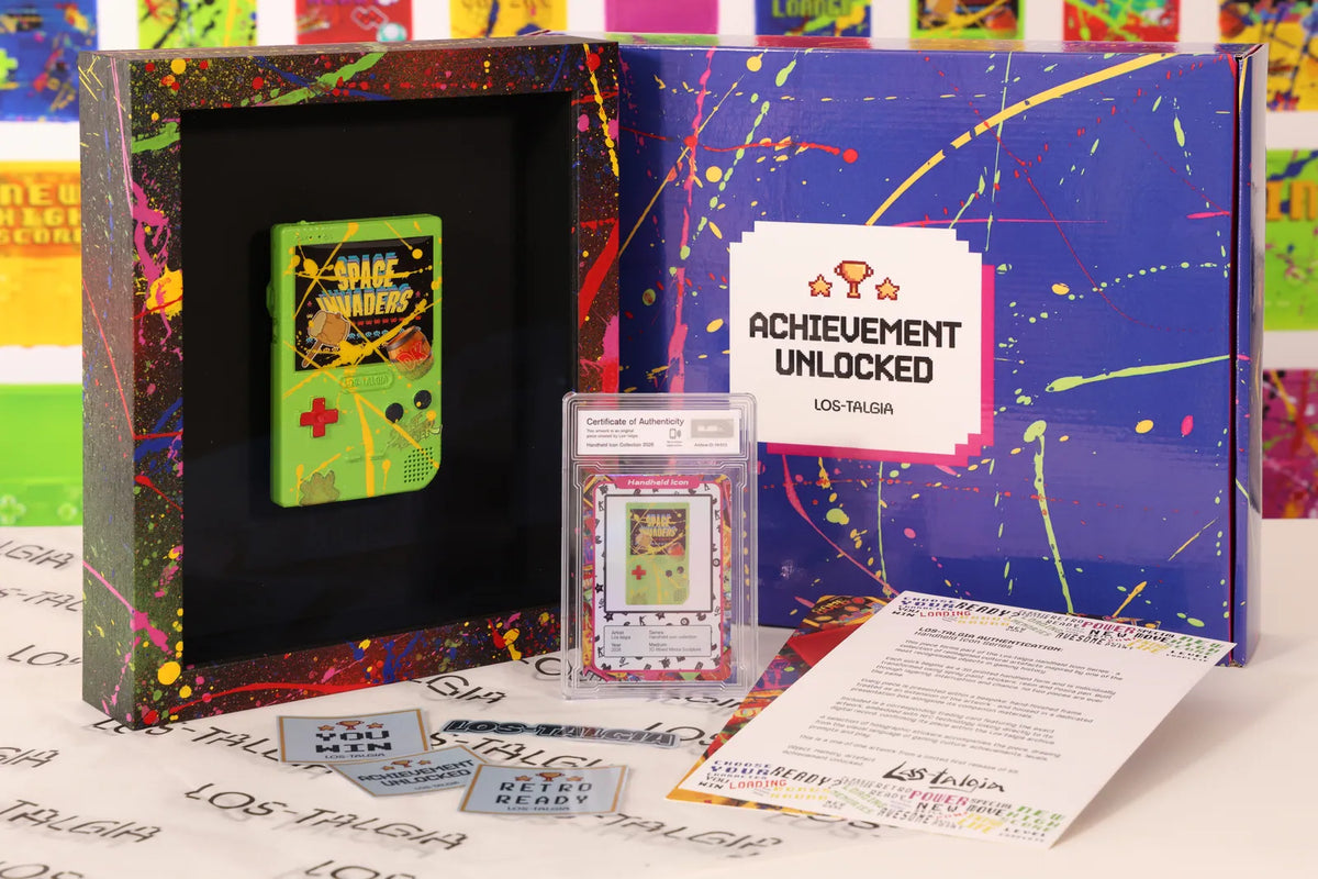 HI-013 photographed from the front: the framed piece with its certificate card, presentation box, stickers and authentication sheet.