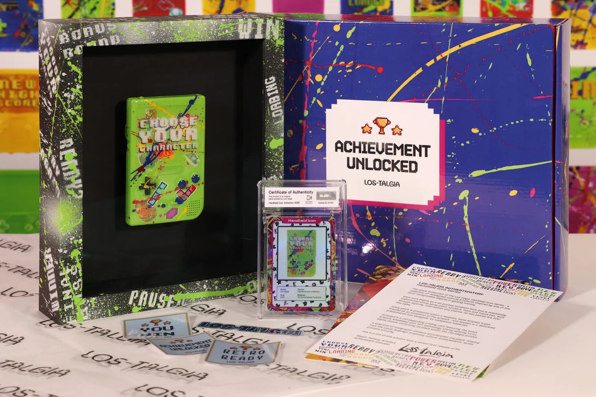 HI-033 photographed from the front: the framed piece with its certificate card, presentation box, stickers and authentication sheet.