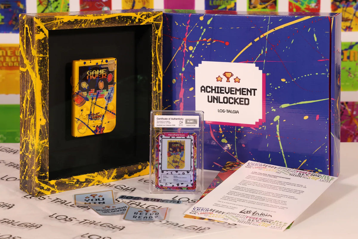 HI-049 photographed from the front: the framed piece with its certificate card, presentation box, stickers and authentication sheet.