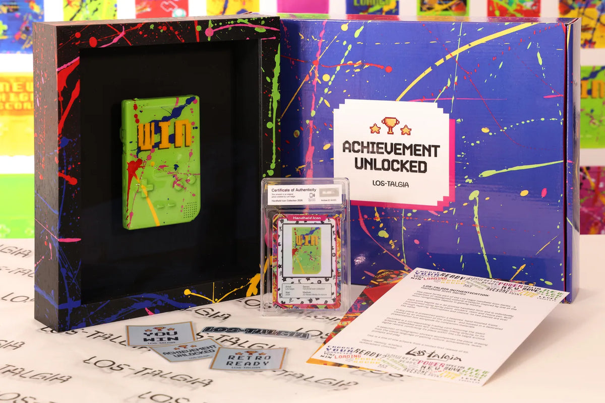 HI-023 photographed from the front: the framed piece with its certificate card, presentation box, stickers and authentication sheet.