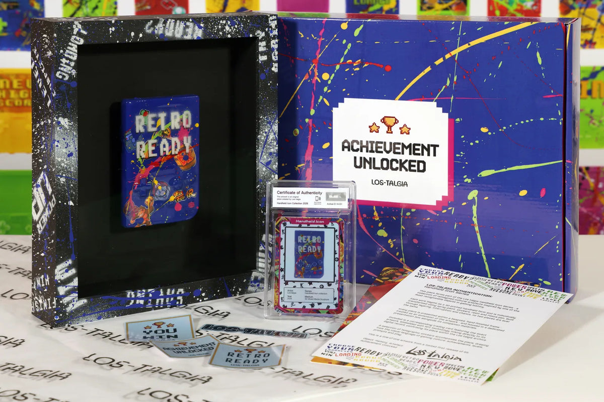 HI-031 photographed from the front: the framed piece with its certificate card, presentation box, stickers and authentication sheet.
