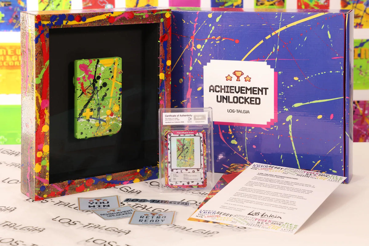 HI-018 photographed from the front: the framed piece with its certificate card, presentation box, stickers and authentication sheet.