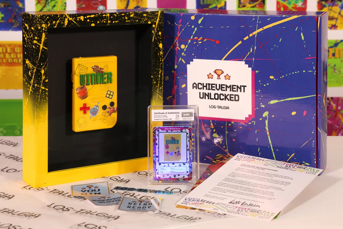 HI-039 photographed from the front: the framed piece with its certificate card, presentation box, stickers and authentication sheet.