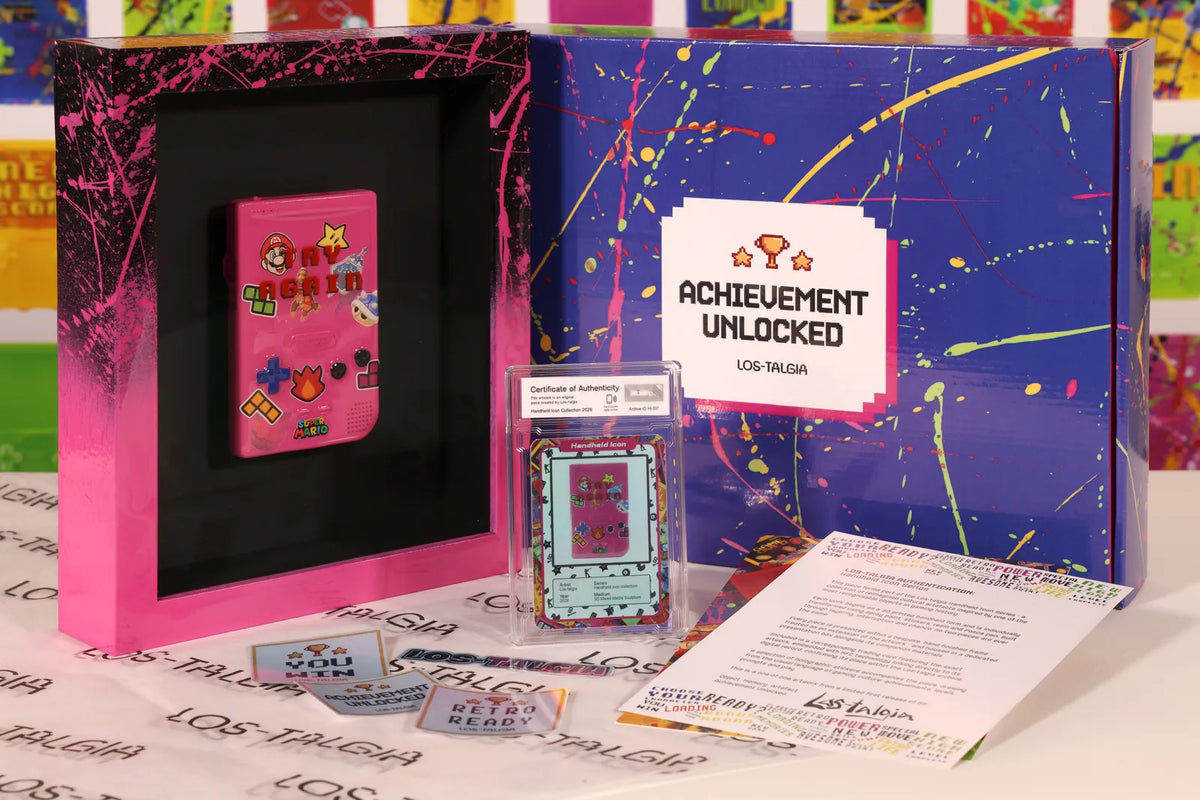 HI-037 photographed from the front: the framed piece with its certificate card, presentation box, stickers and authentication sheet.