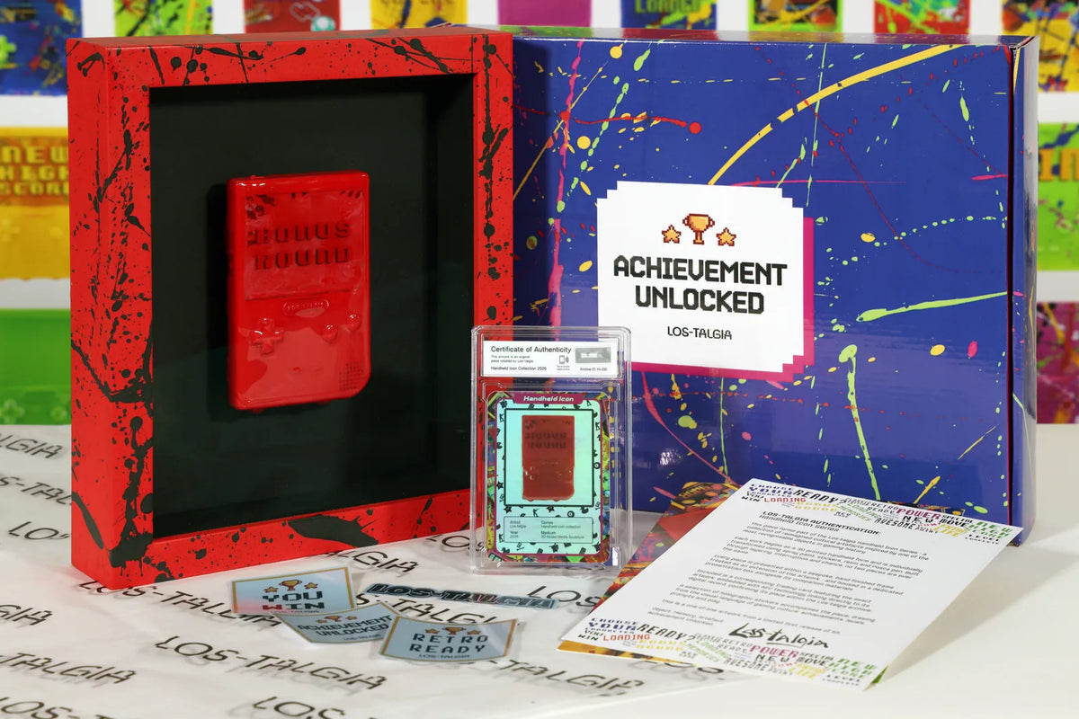 HI-030 photographed from the front: the framed piece with its certificate card, presentation box, stickers and authentication sheet.