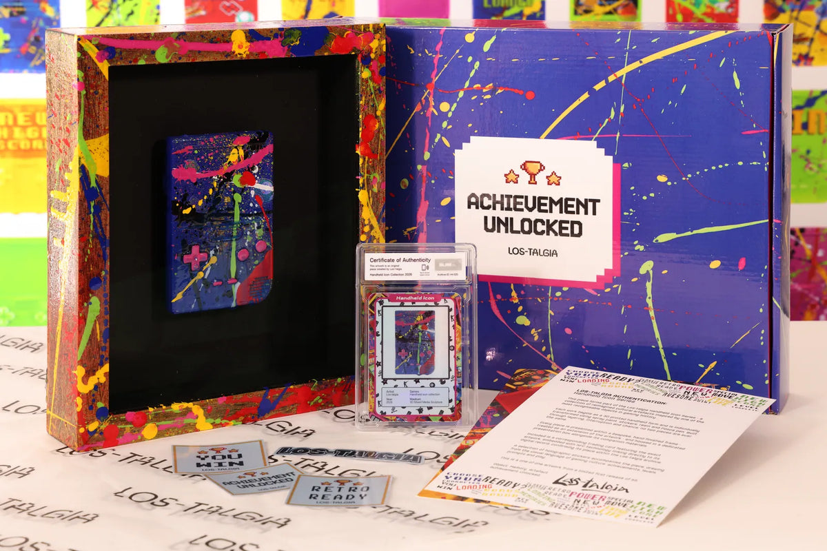 HI-020 photographed from the front: the framed piece with its certificate card, presentation box, stickers and authentication sheet.