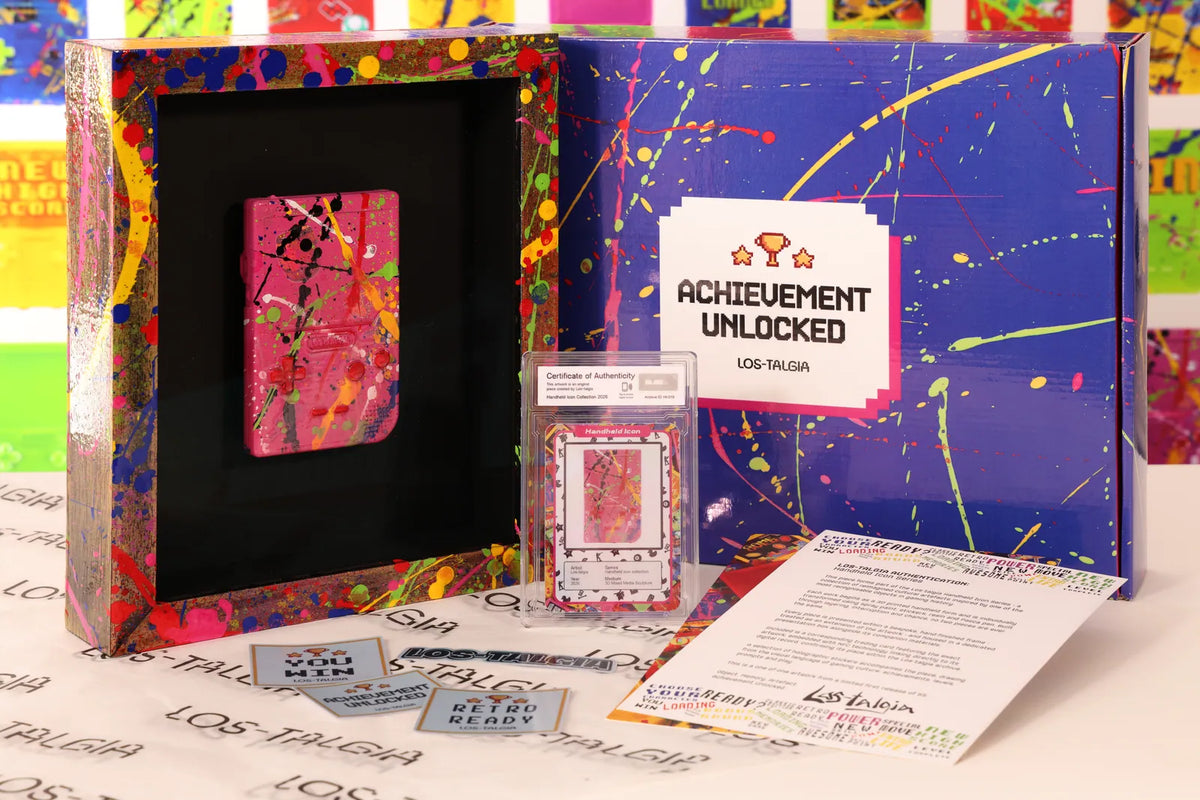 HI-019 photographed from the front: the framed piece with its certificate card, presentation box, stickers and authentication sheet.