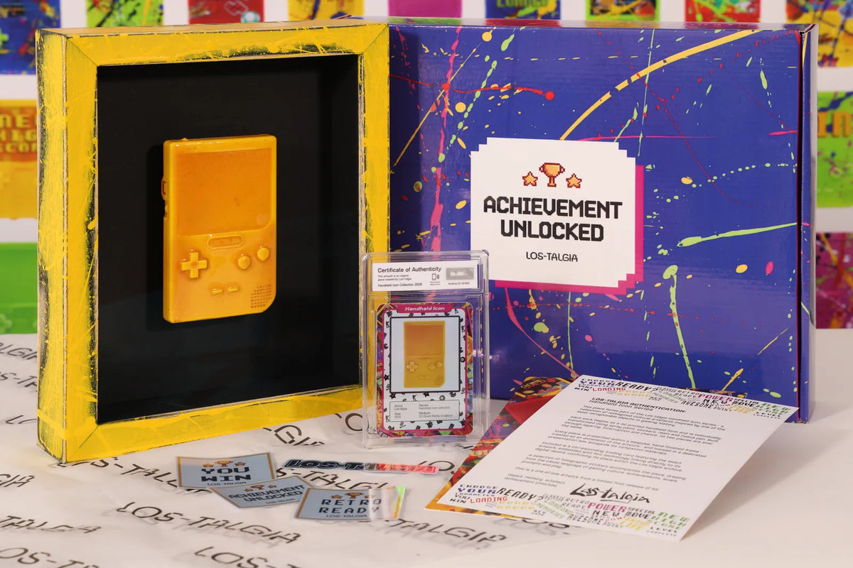HI-002 photographed from the front: the framed piece with its certificate card, presentation box, stickers and authentication sheet.