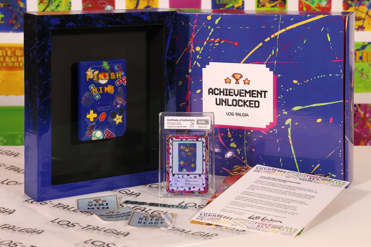 HI-036 photographed from the front: the framed piece with its certificate card, presentation box, stickers and authentication sheet.