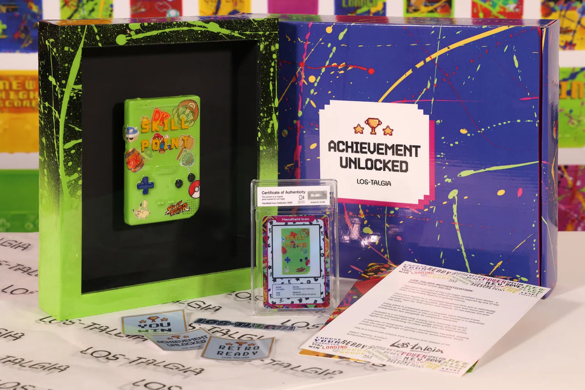 HI-038 photographed from the front: the framed piece with its certificate card, presentation box, stickers and authentication sheet.