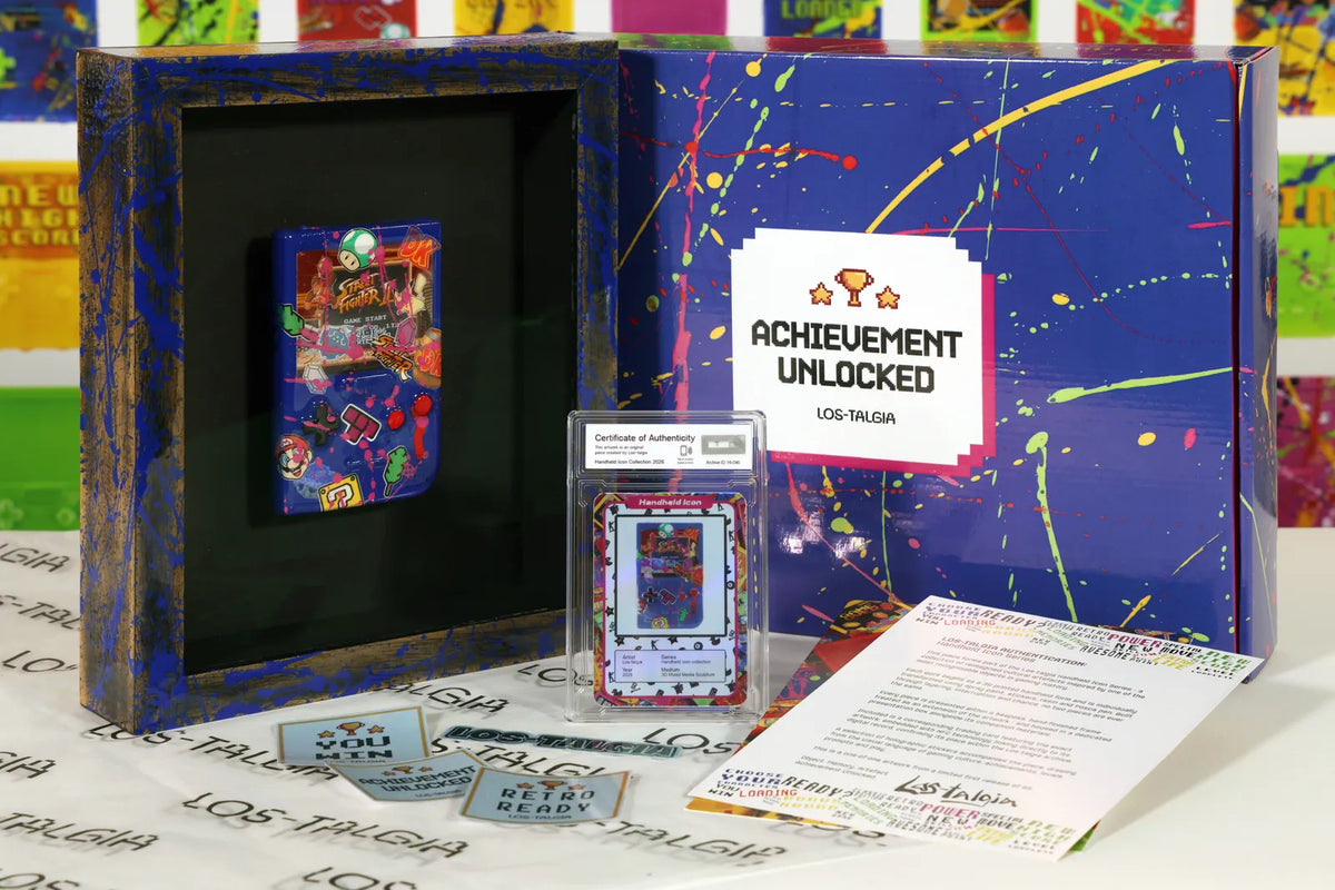 HI-046 photographed from the front: the framed piece with its certificate card, presentation box, stickers and authentication sheet.