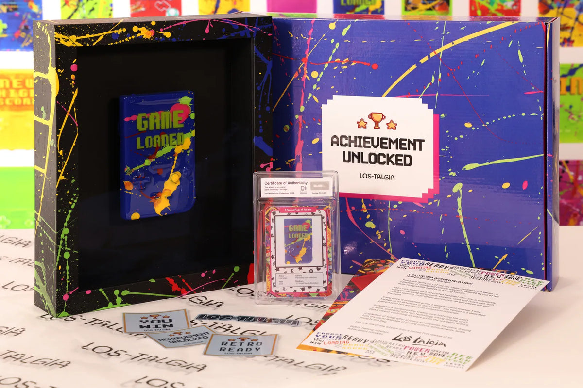 HI-021 photographed from the front: the framed piece with its certificate card, presentation box, stickers and authentication sheet.