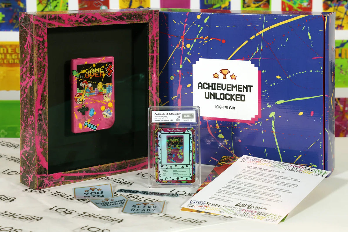 HI-047 photographed from the front: the framed piece with its certificate card, presentation box, stickers and authentication sheet.