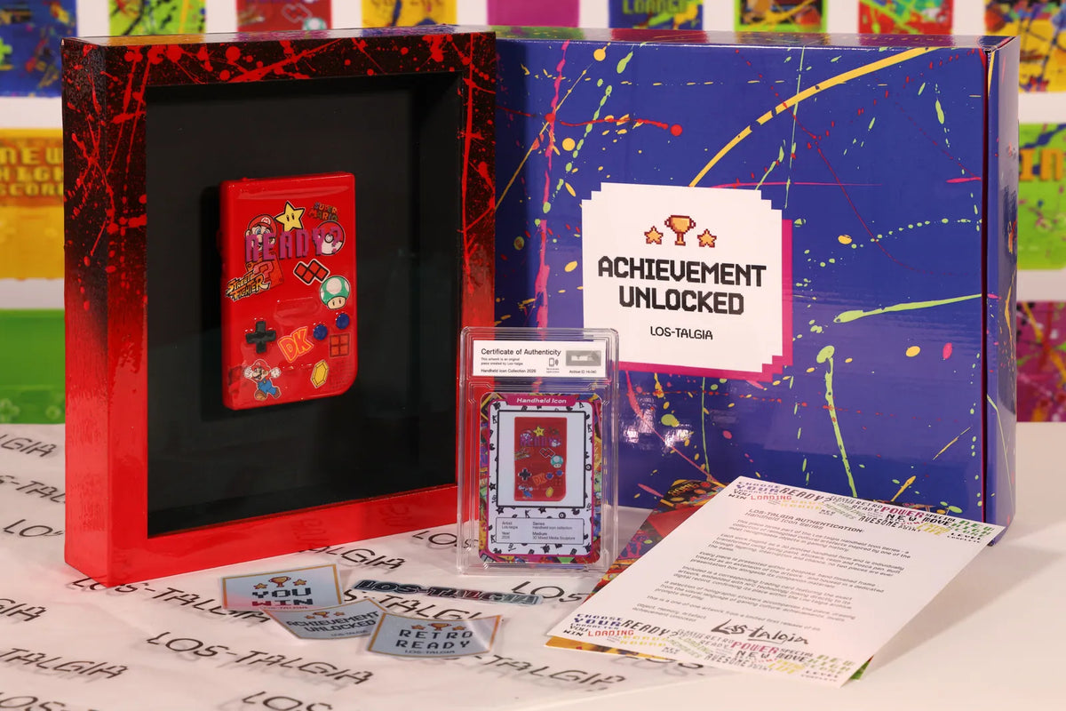 HI-040 photographed from the front: the framed piece with its certificate card, presentation box, stickers and authentication sheet.