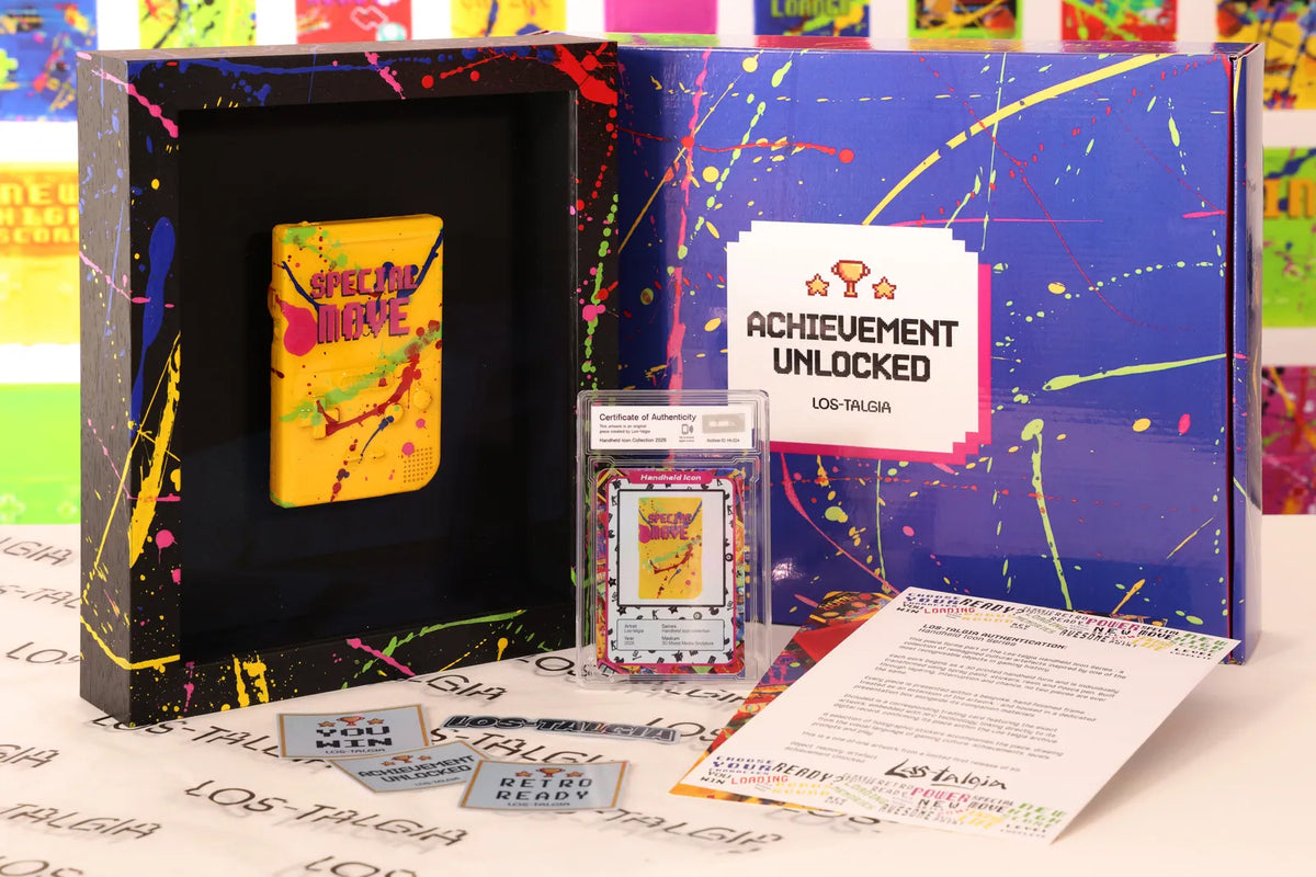 HI-024 photographed from the front: the framed piece with its certificate card, presentation box, stickers and authentication sheet.