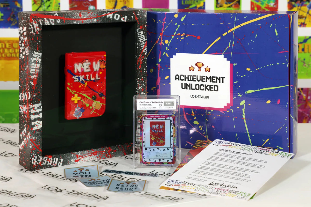 HI-035 photographed from the front: the framed piece with its certificate card, presentation box, stickers and authentication sheet.