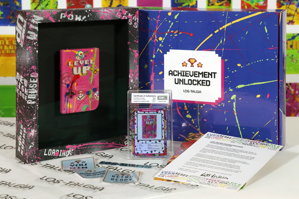 HI-032 photographed from the front: the framed piece with its certificate card, presentation box, stickers and authentication sheet.