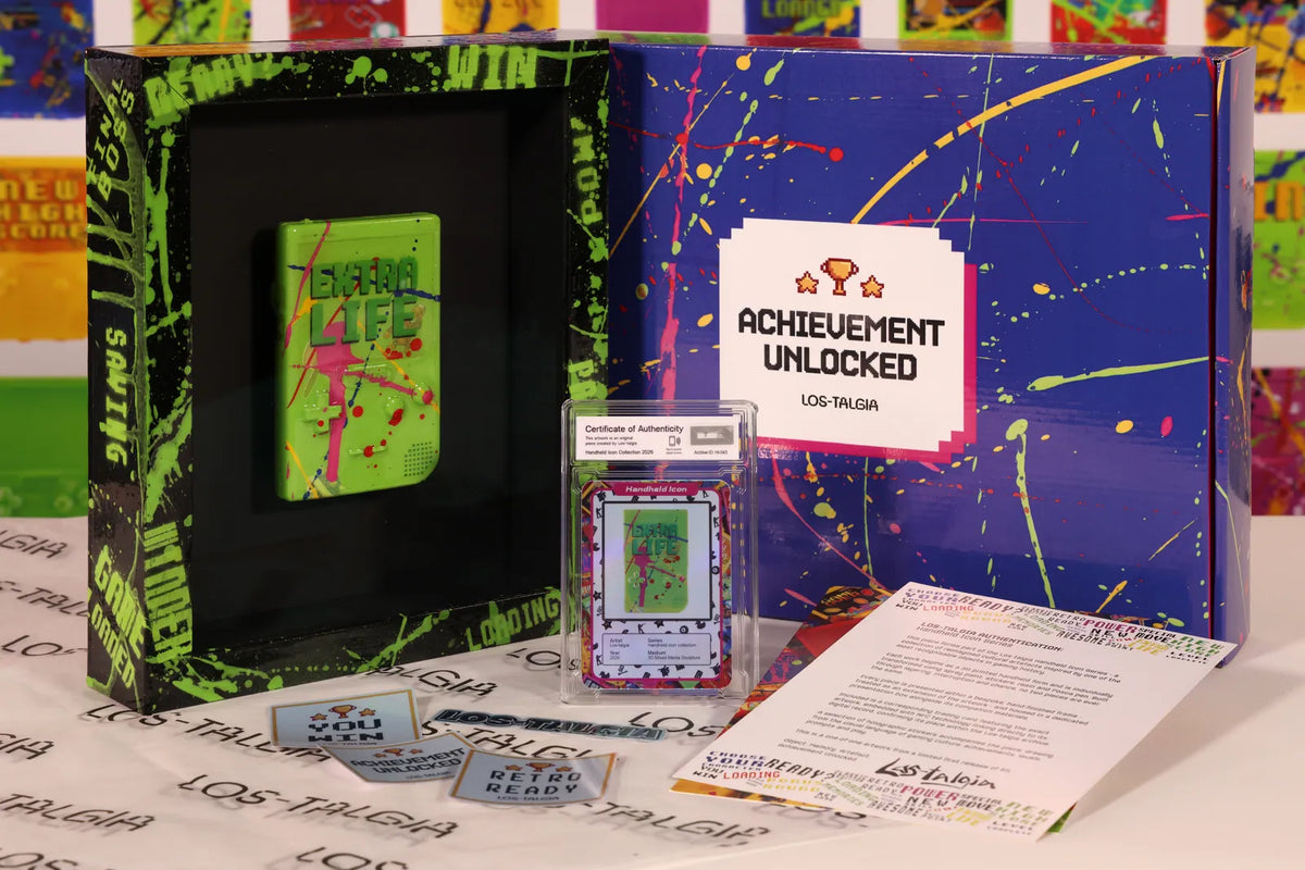 HI-043 photographed from the front: the framed piece with its certificate card, presentation box, stickers and authentication sheet.